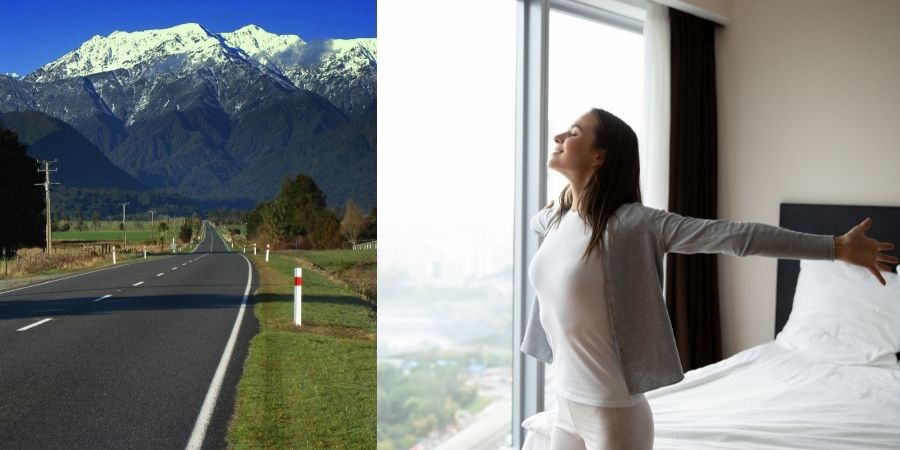 Vista de una carretera de NZ y una turista en su habitación